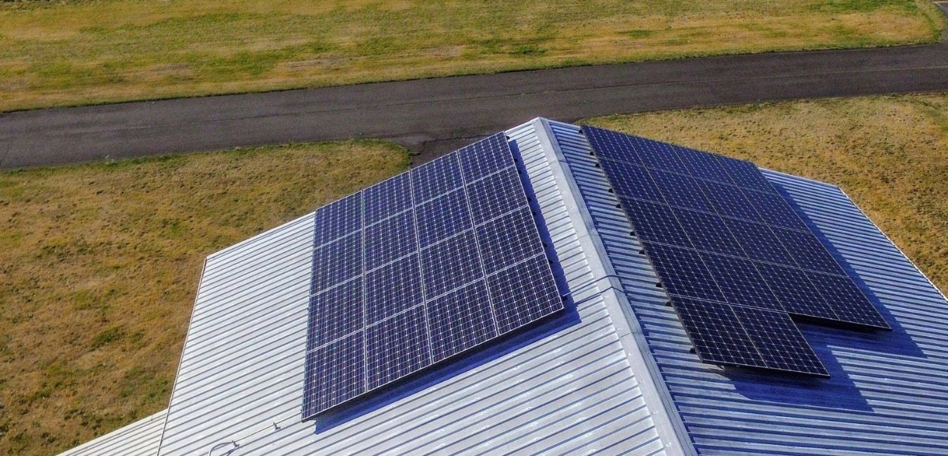 above two solar panel arrays camas wa airport