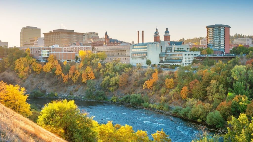 Downtown Spokane Washington skyline and the Spokane River