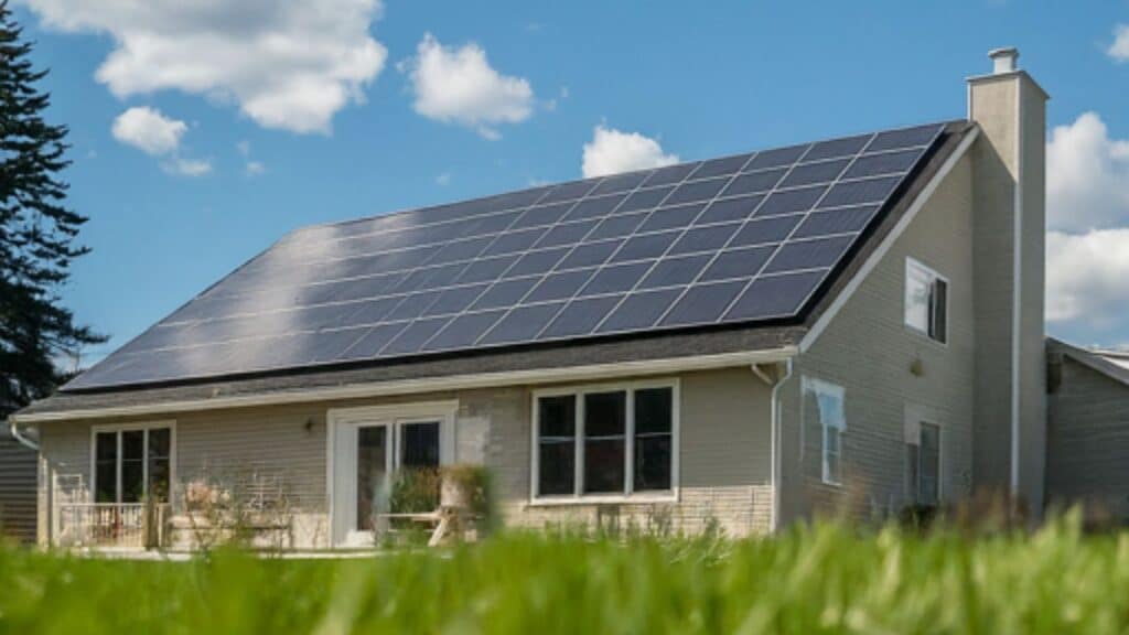 A house with a black asphalt shingle roof. On the roof, there are multiple rows of solar panels, glinting in the sunlight