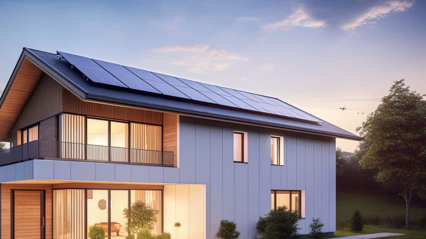 house with solar panels and sunrise solar energy system