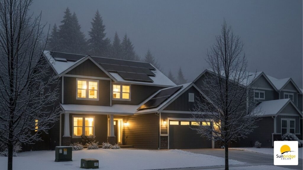 a house at night with snow on the ground