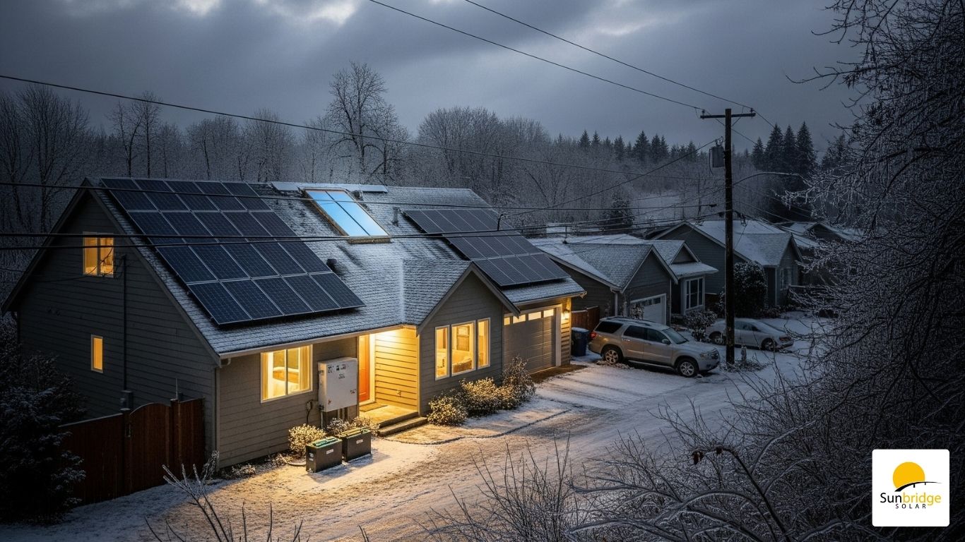 a house with solar panels on the roof in the snow during an ice storm