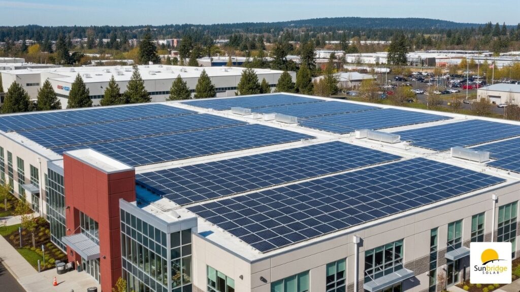 an commercial office building with solar panels on the roof