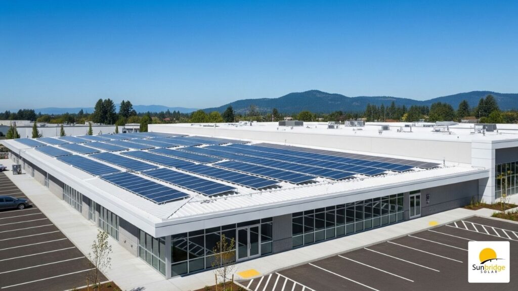 an industrial building with solar panels on the roof