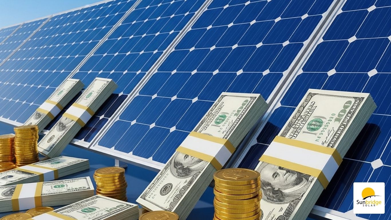 money and solar panels on a blue background