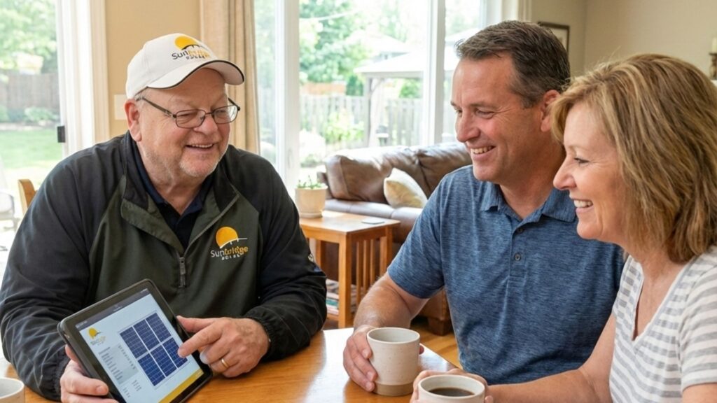 At a table, a solar panel company employee, mike muchmore, shows a couple the data on a tablet.