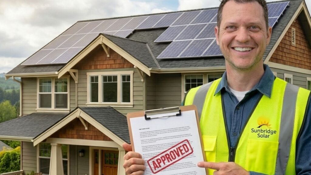 A person in a safety vest holds an APPROVED document in front of a house with solar panels.
