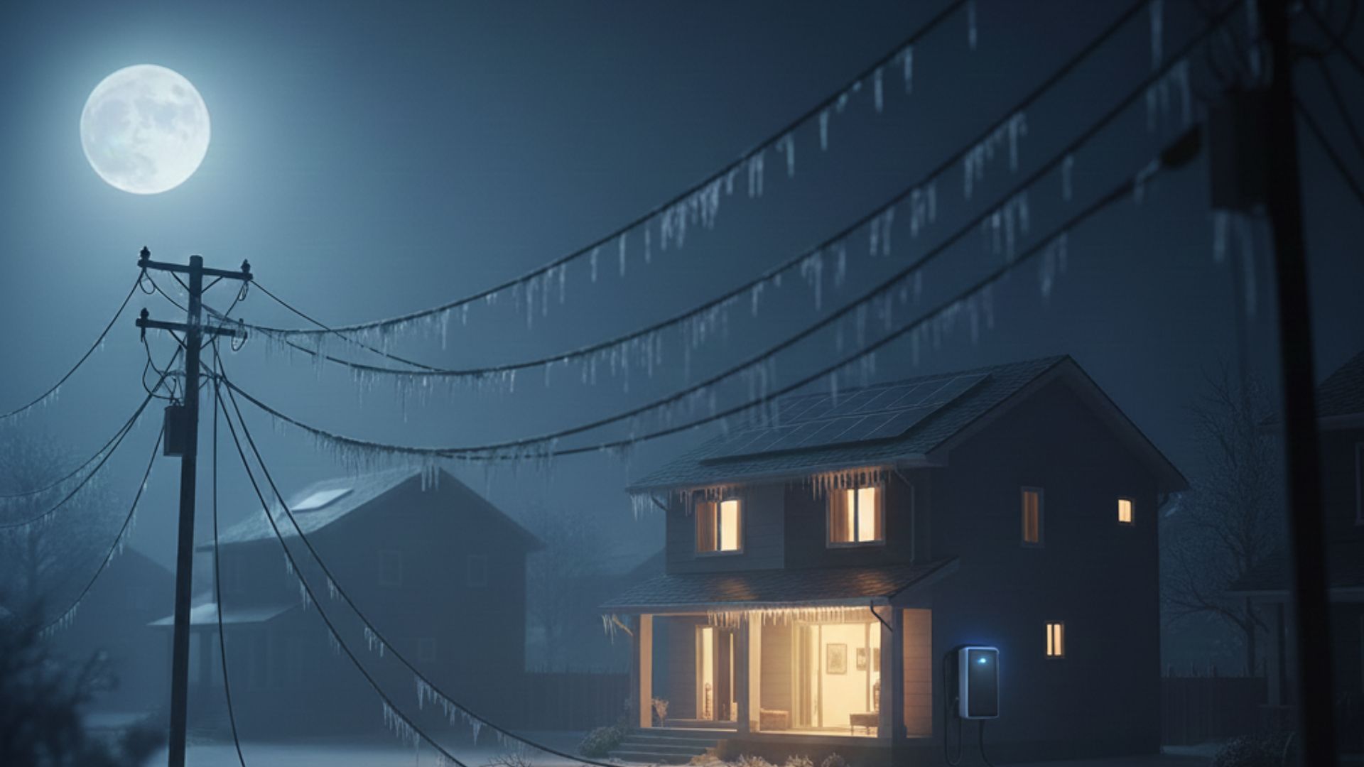 A full moon shines over a snow-covered neighborhood with icicles hanging from power lines, illuminating a cozy house with people visible inside.