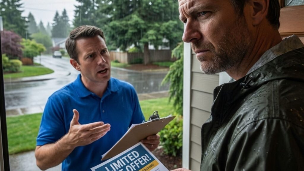 A person in a blue shirt holds a clipboard and promotional flyer while speaking to a person at a front door on a rainy day.