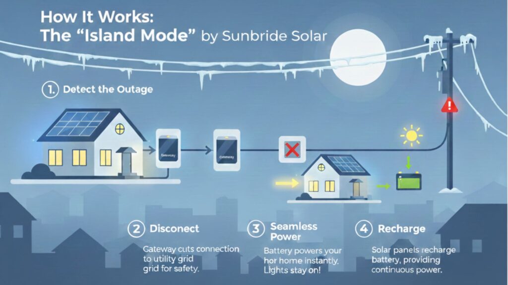 Diagram illustrating how Sunbridge Solar's Island Mode works during a power outage, showing steps of detection, disconnection from the utility grid, seamless power supply from a battery