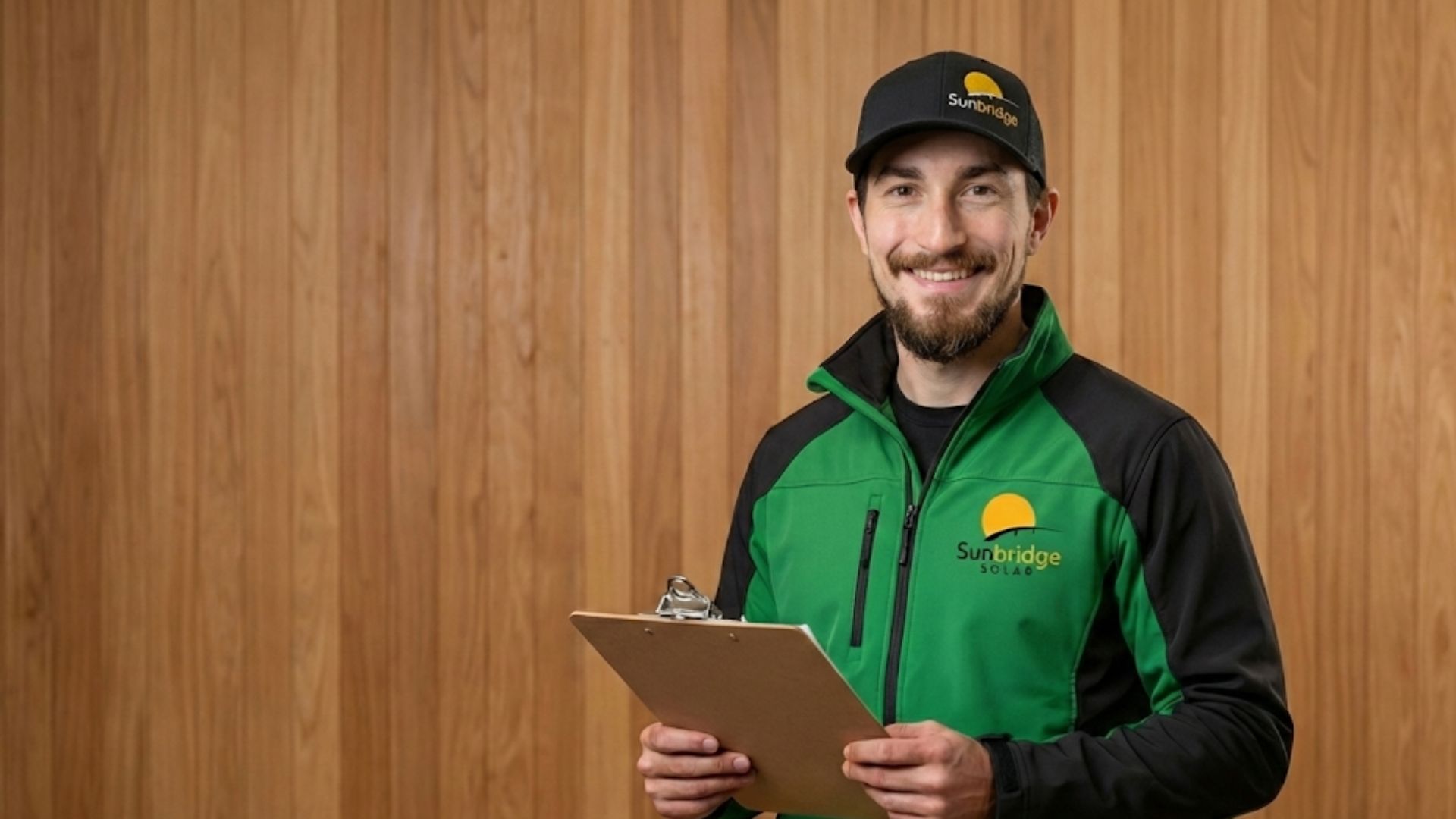 Person in a solar company uniform holding a clipboard, standing in front of a wooden paneled wall.