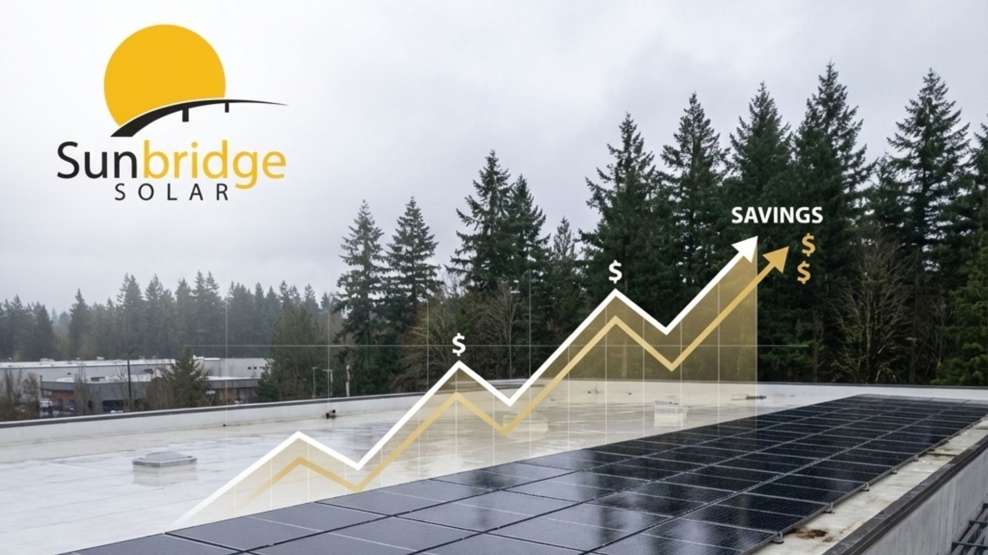 Solar panels on a rooftop with a rising graph indicating savings.