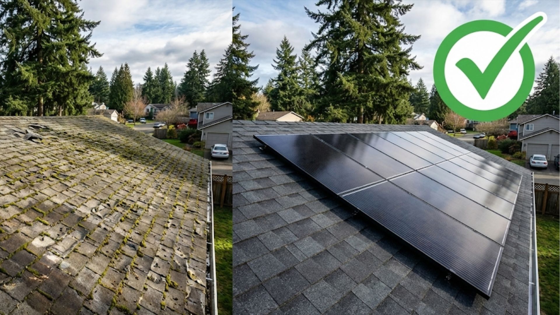 Split image of a roof, showing moss and damage on one side and a clean roof with solar panels and a green check mark on the other.