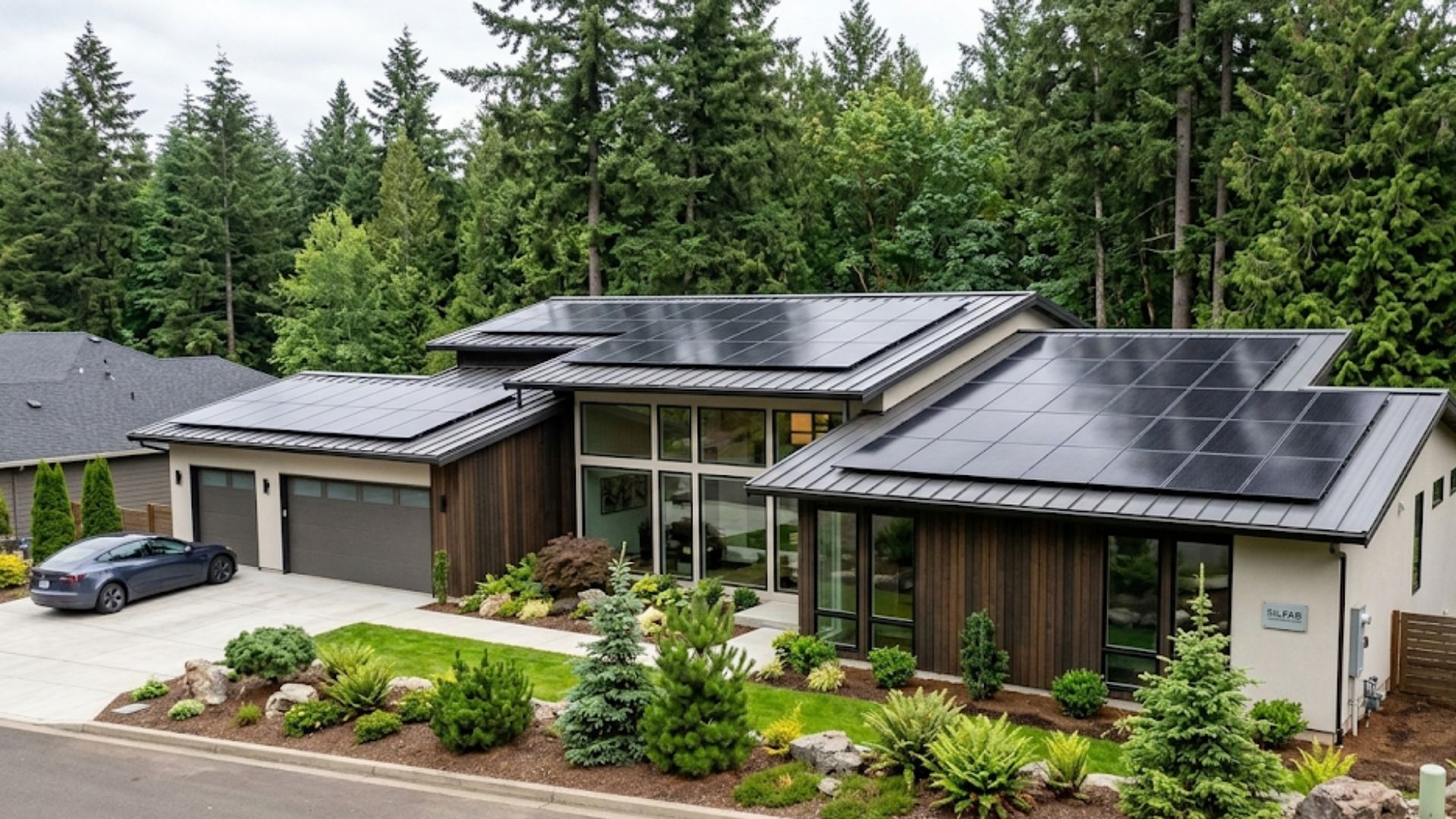 A modern house with a dark metal roof covered in solar panels, surrounded by lush green trees.