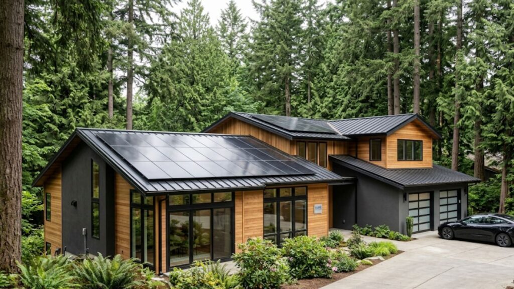 A modern wooden and dark gray house with solar panels on the roof, surrounded by tall green trees