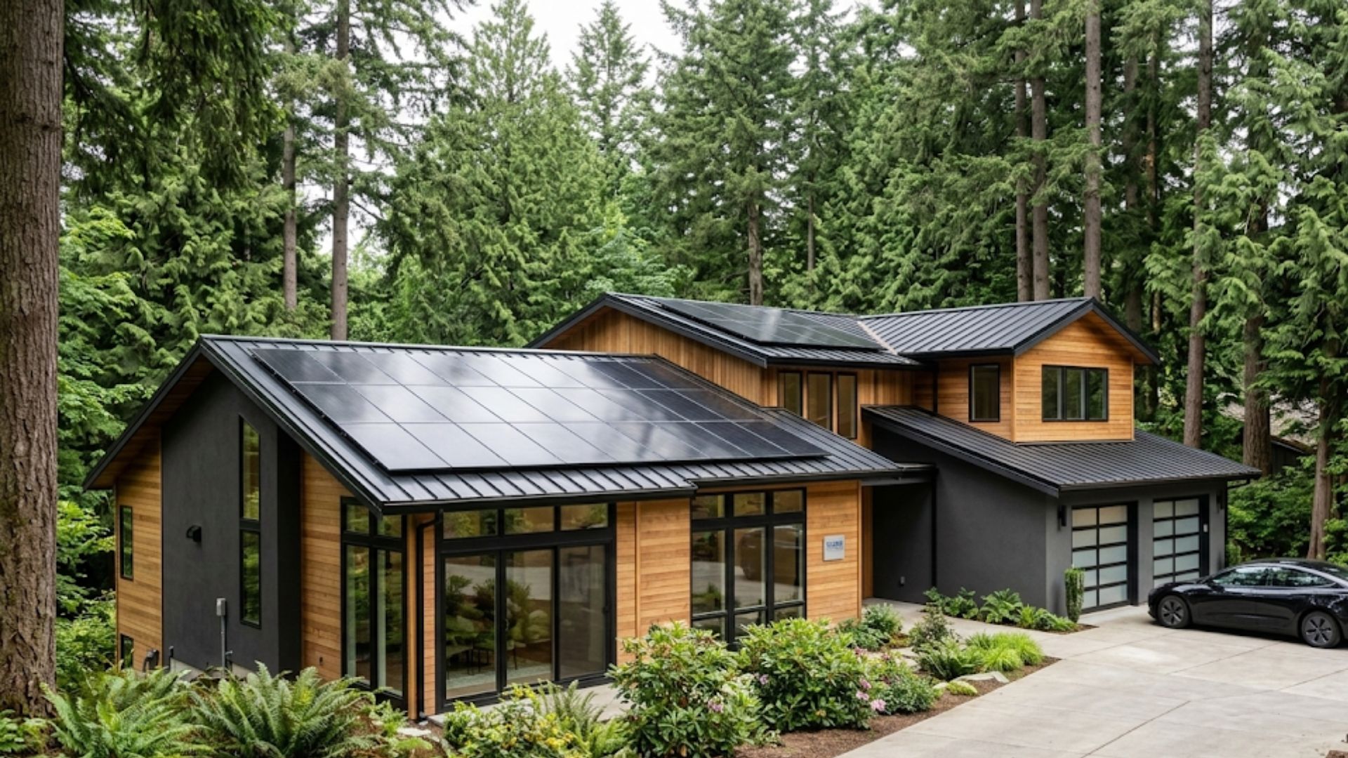 A modern wooden and dark gray house with solar panels on the roof, surrounded by tall green trees
