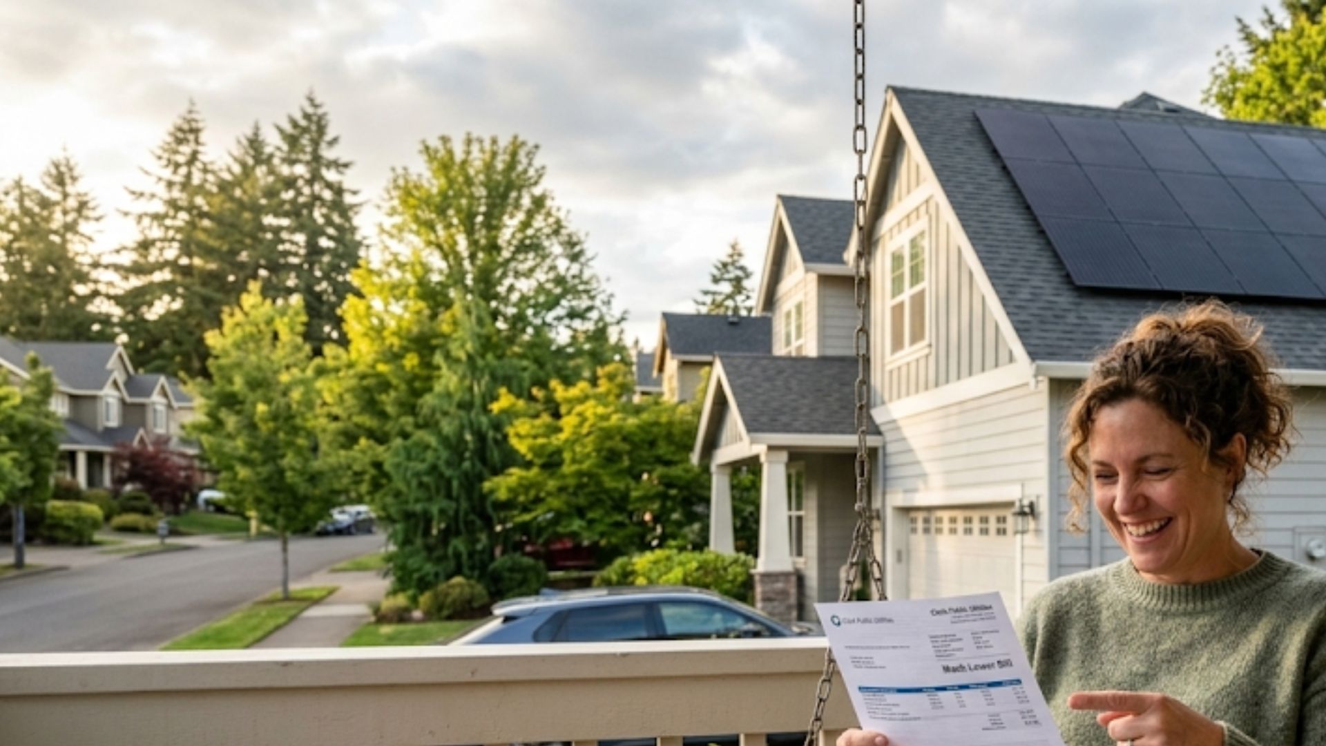 A person sits on a porch holding a bill and pointing at it, with a house with solar panels visible in the background.