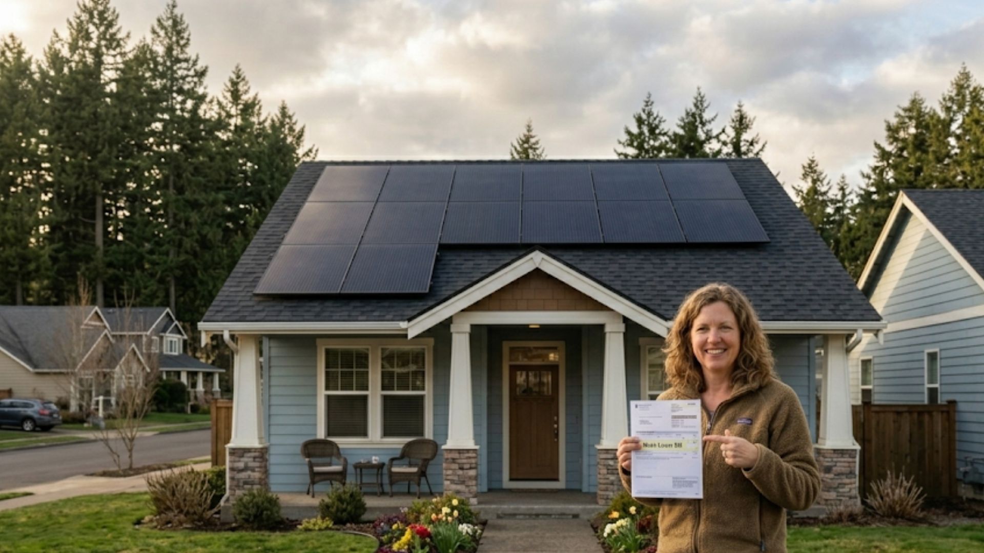 A person stands in front of a house with solar panels on the roof, holding up a document and pointing to it.