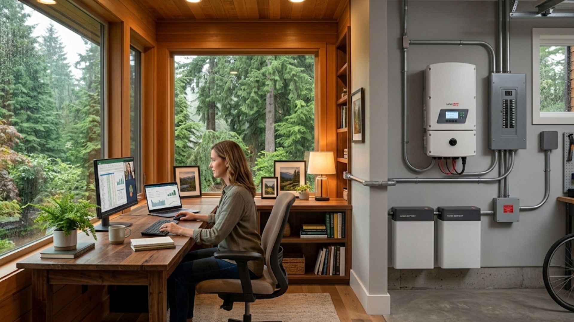 A person works at a desk in a room with large windows overlooking a forest, while solar equipment, including a white inverter and two battery units, are mounted on the wall of an adjacent garage space.