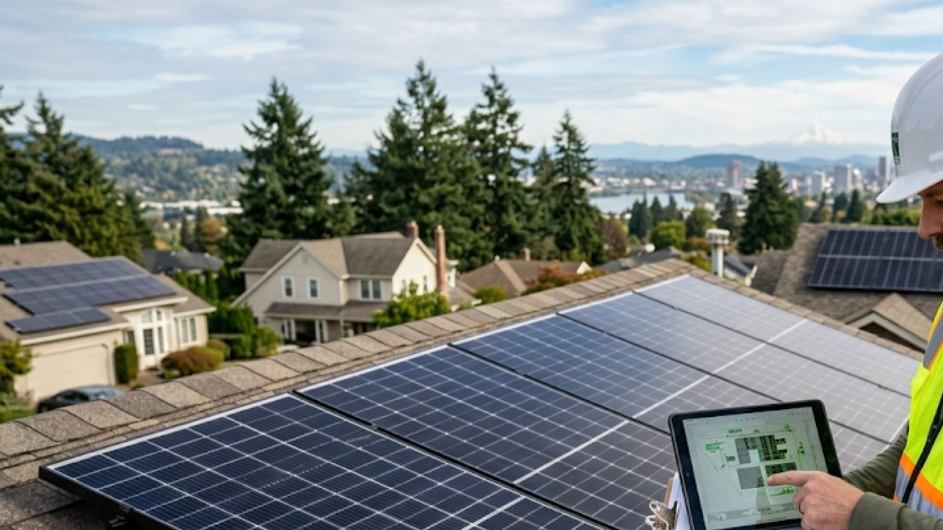 A person in a hard hat and high-visibility vest stands on a roof, examining a tablet displaying a solar panel layout, with a cityscape and mountains in the background.
